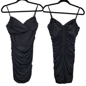 Vintage 80's Rubber Ducky Dress Formal Ruched Bodycon Spaghetti Satin Black M